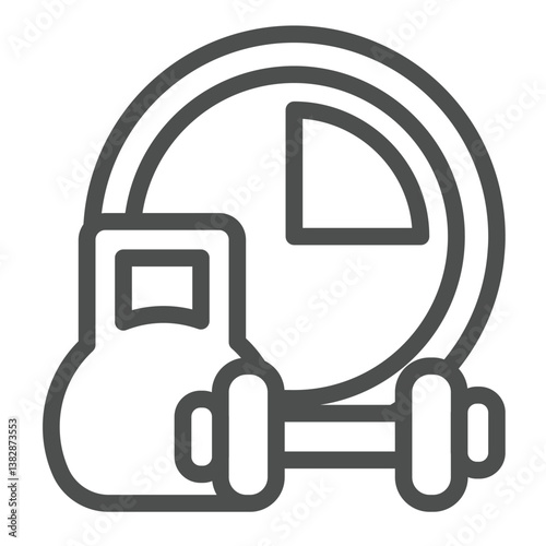 Dumbbells and clock line icon, gym workout concept. Vector graphics. Sport and timer, leisure sign on white background, outline style icon for mobile or web design.