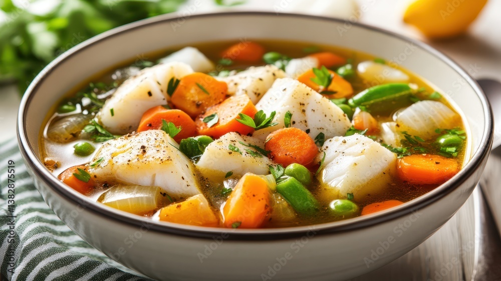 A comforting bowl of cod and vegetable soup, featuring tender pieces of codfish paired with a variety of fresh vegetables in a flavorful broth. A comforting bowl of cod and vegetable soup, featuring tender pieces of codfish paired with a variety of fresh vegetables in a flavorful broth.