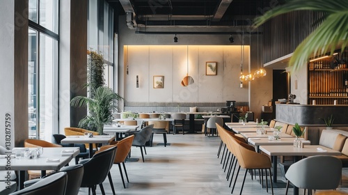 A modern restaurant with a dining table and chairs.