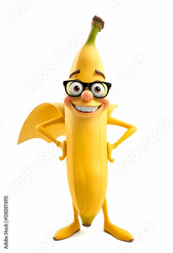 Cartoon Banana Character Wearing Glasses Standing with Hands on Hips