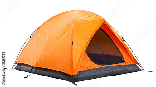 Bright orange camping tent isolated on black background, cut out transparent