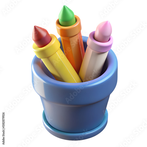 Colorful crayons in blue pot for creativity and fun in art education