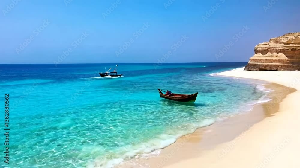 Tranquil turquoise waters and a small boat near a sandy beach with rocky cliffs under a clear blue sky. Tranquil turquoise waters and a small boat near a sandy beach with rocky cliffs under a clear blue sky.