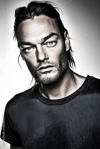 Black and white studio portrait of intense male model with wet hair, direct gaze and dramatic light, capturing bold masculinity, character and modern fashion in minimalist editorial setting