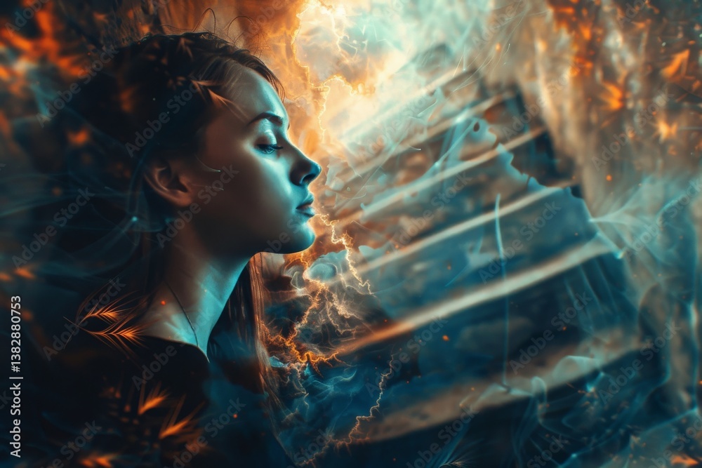 Fototapeta premium Woman in contemplative pose surrounded by vibrant colors and ethereal patterns at twilight