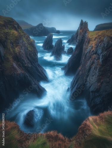 Dramatic Coastal Vista of Rugged Cliffs and Crashing Waves in Ireland with Moody Sky and Long Exposure