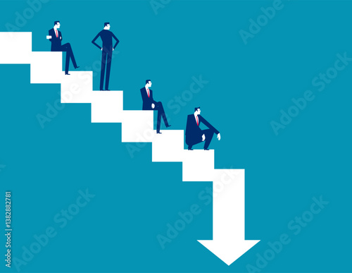 Business team sitting in agony on the descending arrowhead steps