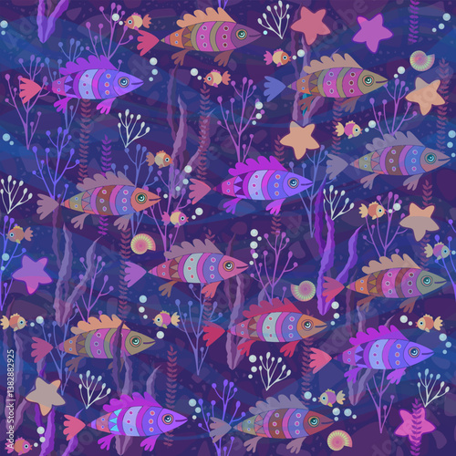 Colorful cute cartoon fish swim among seaweed. Seamless pattern for fabric, w...