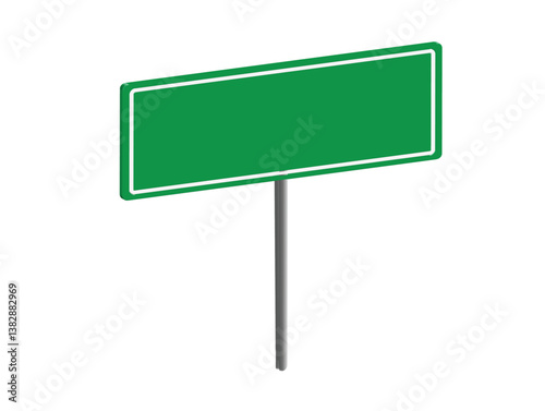 Blank green road sign on a black pole, perfect for customization or directional information., A green road sign set against a white background. 
