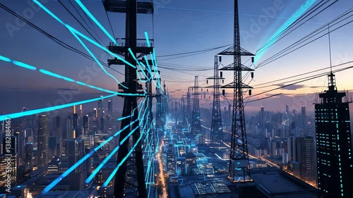 Futuristic Power Grid with Electric Transmission Towers and Glowing Energy Lines Over City Skyline at Sunset

