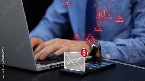 Businessman in office receiving phishing messages and emails on his phone. 3D graphic warnings icons alerting cybersecurity threats