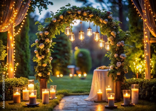 Romantic Low-Light Outdoor Wedding Ceremony, Glowing Candles, Nighttime Celebration