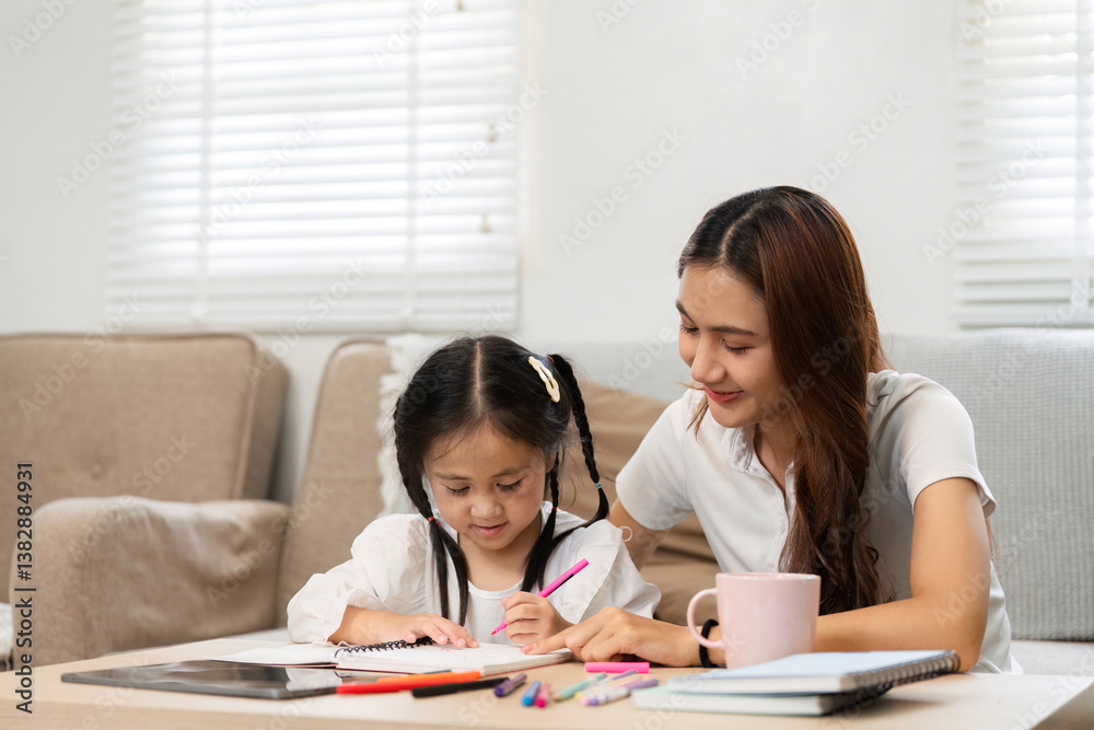Back to School and Learning Activities. A mother helping her daughter with homework at home, sharing a nurturing moment. Back to School and Learning Activities. A mother helping her daughter with homework at home, sharing a nurturing moment.