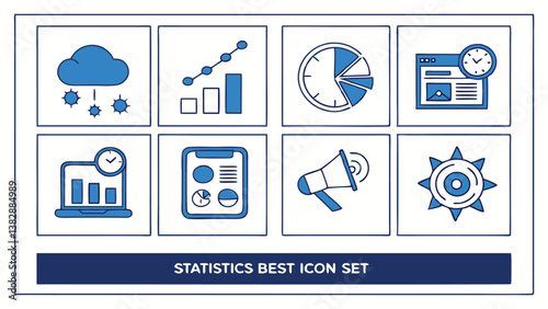 Statistics icon set collection. Cloud analysis, sampling, data collection, filter, pic chart, prediction, dashboard, miss data, analysis, volatility and best solid icon set.