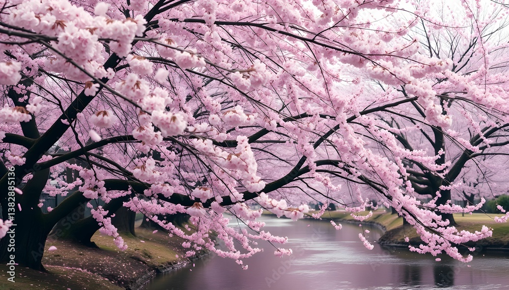 Fototapeta premium Cherry Blossoms in Full Bloom by Tranquil Waterway”