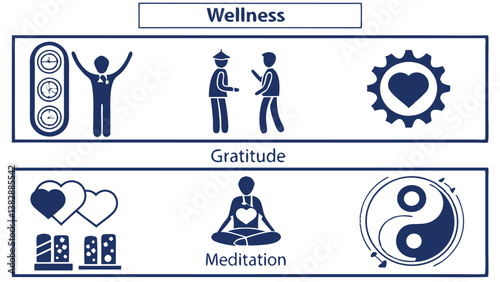 Wellness best solid icon set collection. Gratitude, wellbeing, relationship, relaxation, balanced diet, stress management, yoga, health, exercise, spa, aromatherapy and vector illustration.