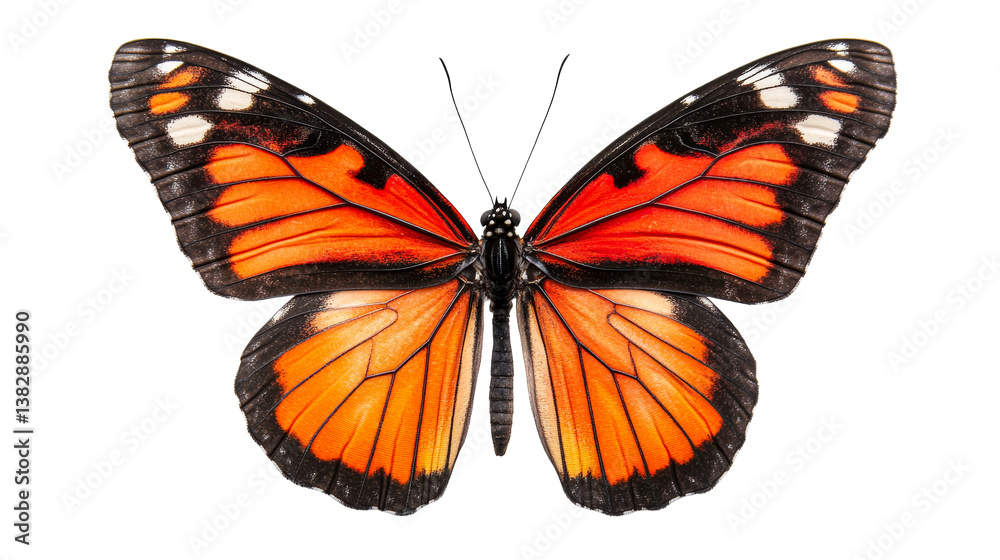 Fototapeta premium Monarch butterfly with orange wings pattern on black background, cut out transparent