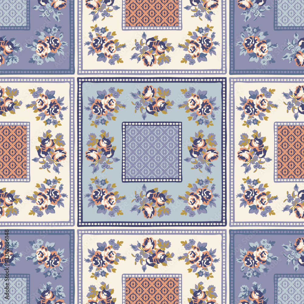 Obraz premium Patchwork pattern with rose floral ornaments. Stylized rose flowers, lines, plants and lace. Vintage boho style.