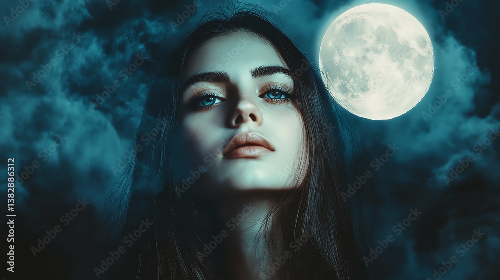 Fototapeta premium Mystical woman under a full moon at night.