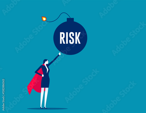 Super businesswoman bravely pushing risk bomb away from the crowd