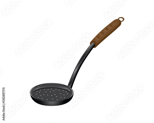 Vector design of a black draining spoon with a brown wooden handle which is usually used to lift fried foods, both meat and other fried foods
