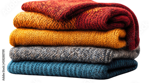 Cozy Comfort: A stack of meticulously folded woolen items, showcasing a spectrum of rich colors and textures, creating an inviting atmosphere of warmth and relaxation.