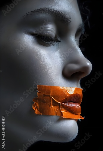 Close-up on woman face with mouth covered by orange tape. Concept for censorship, lack of freedom of speech, protest and being silenced. Social issues metaphor. 