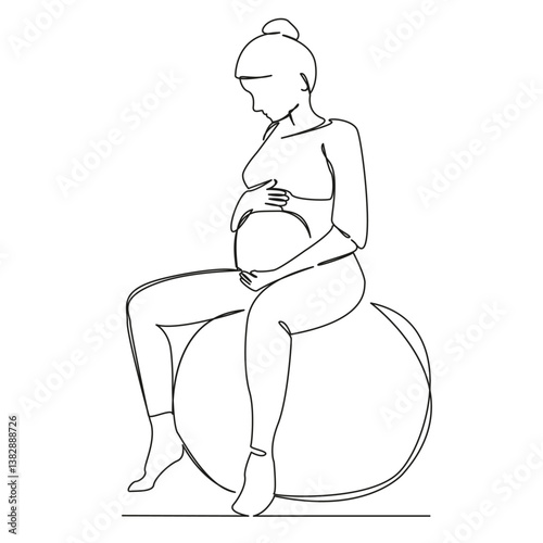 One continuous single drawing line art flat doodle mother, pregnant, woman, sport, exercising, yoga, stomach. Isolated image hand draw contour on a white background, hand drawn, not AI
