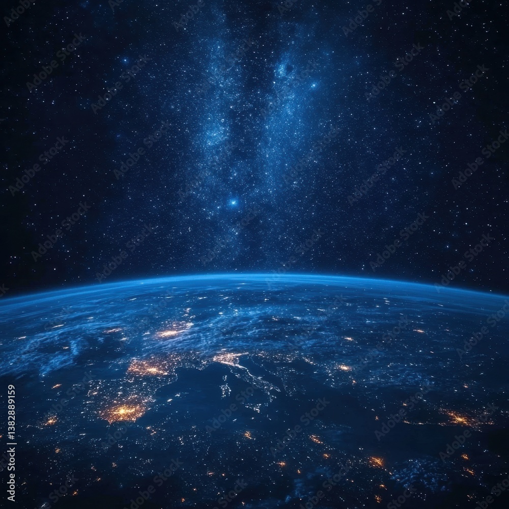 Obraz premium Stunning aerial view of Earth at night with city lights illuminating the darkness and a starry sky above creating a sense of wonder and vastness