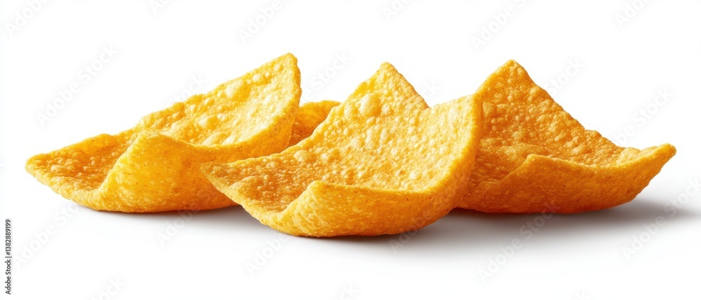 Three delicious tortilla chips arranged on a white surface creating a tempting snack food photography with a clean look and feel Three delicious tortilla chips arranged on a white surface creating a tempting snack food photography with a clean look and feel
