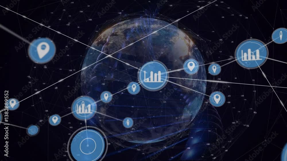 Location icons and data charts forming network animation over Earth in digital space Location icons and data charts forming network animation over Earth in digital space