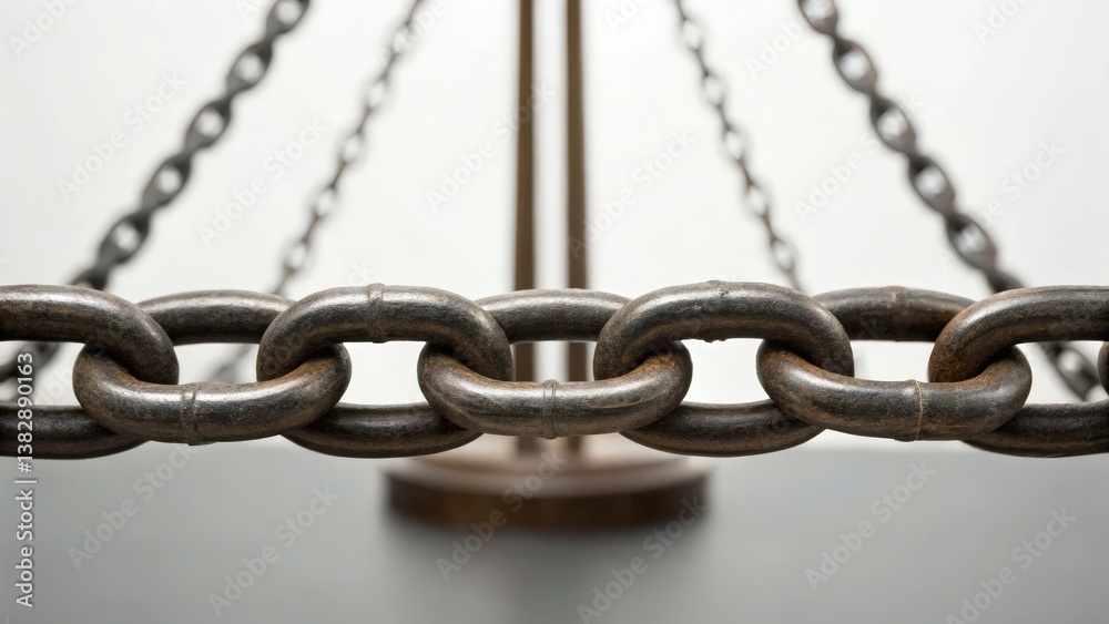 Obraz premium law restriction policy concept. Metal chains on a balance scale, symbolizing justice and equality.