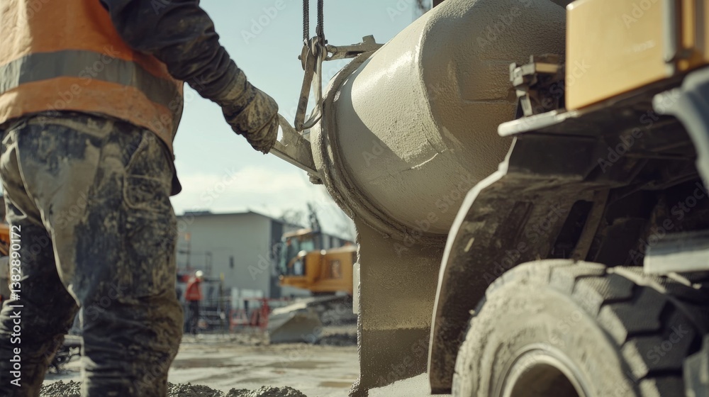 A construction worker operating a cement mixer at a building site. Featuring precision and technique A construction worker operating a cement mixer at a building site. Featuring precision and technique