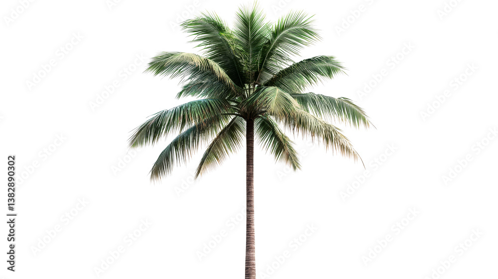 Fototapeta premium Single palm tree with green leaves isolated on black background, cut out transparent