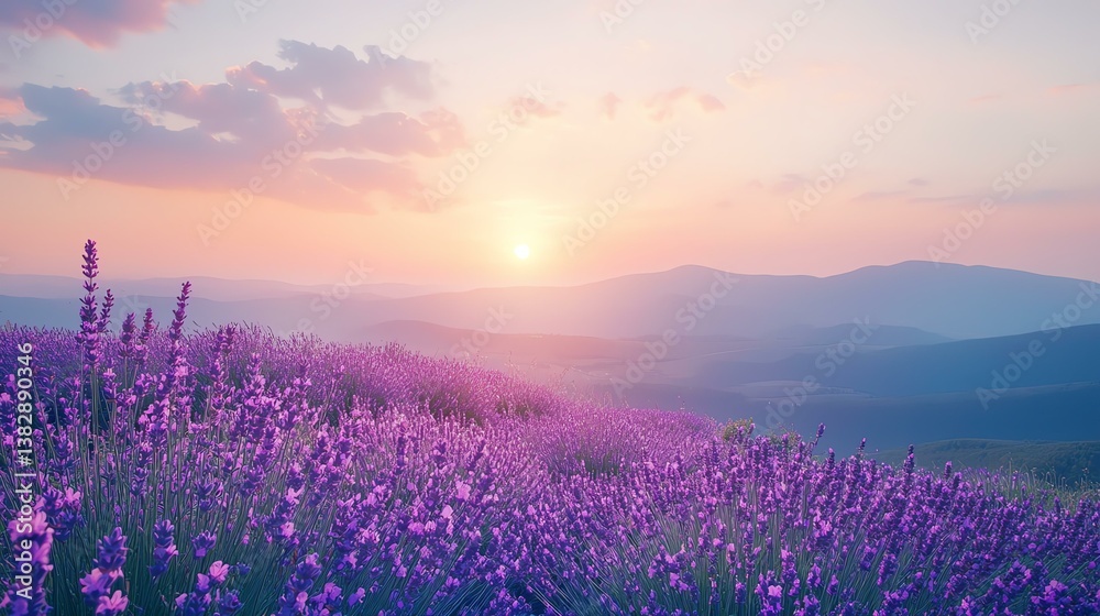 Naklejka premium A breathtaking view of a lavender field at sunset, showcasing vibrant purple flowers against a soft pastel sky, creating a serene and tranquil landscape.