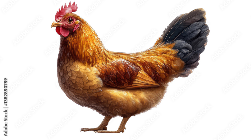 Fototapeta premium Radiant Hen: A vibrant, healthy hen stands proudly, its plumage showcasing a rich tapestry of colors, embodying farm life