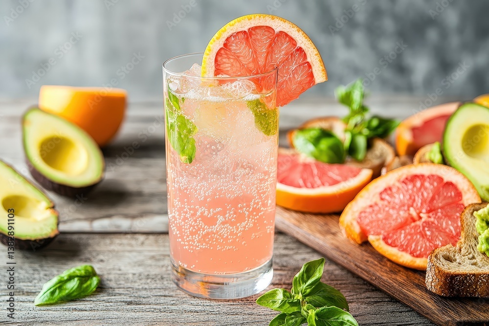 A Refreshing Grapefruit Drink Alongside Fresh Fruit and Avocado A Refreshing Grapefruit Drink Alongside Fresh Fruit and Avocado