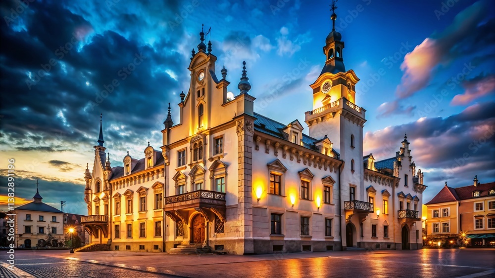 Fototapeta premium Rzeszow City Hall, Poland: Majestic Architecture at Sunset - Stock Photo
