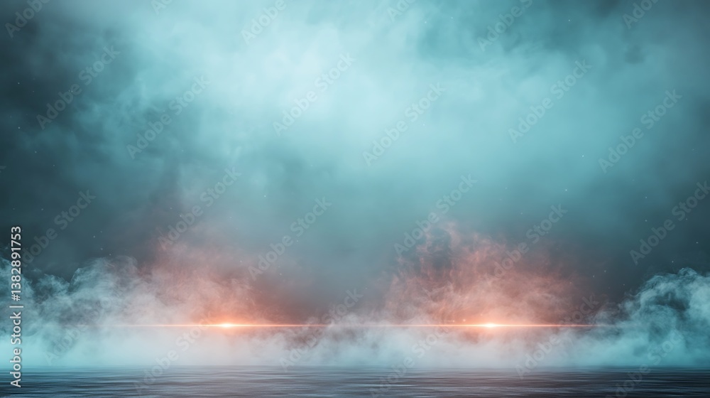 Fototapeta premium Eerie, fog-filled, and mysterious scene. Soft light emanating from two points in the fog. Moody and evocative