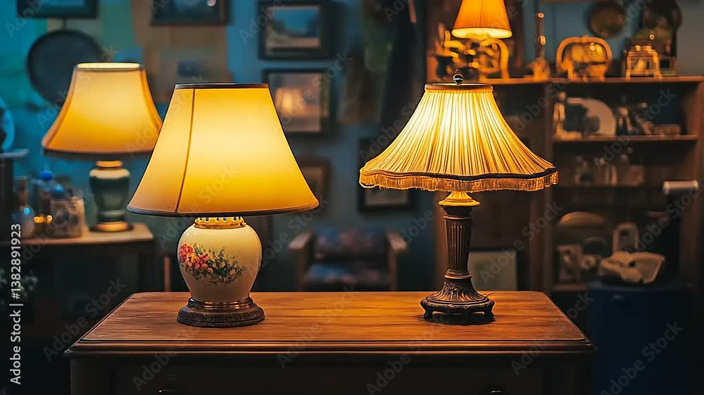 Two vintage lamps illuminate a cozy room filled with various antiques and artwork