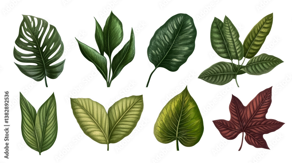 Fototapeta premium Botanical illustration of exotic leaves on black background, cut out transparent
