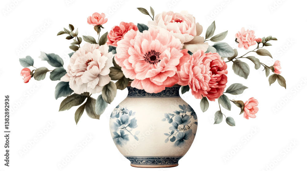 Obraz premium Floral arrangement in a porcelain vase, painting style, cut out transparent