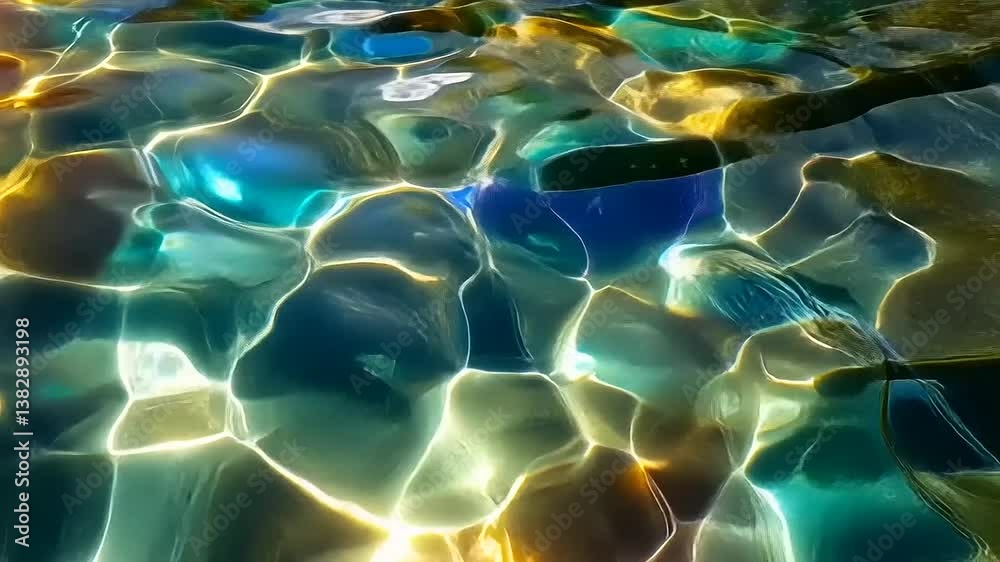 Underwater view of shimmering pool surface reflecting sunlight with jellyfish floating