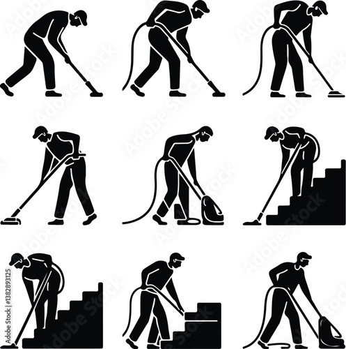 Man Vacuuming Floor Silhouette | Home Cleaning and Maintenance Worker Silhouette Man Vacuuming Floor Silhouette | Cleaning and Housekeeping Vector Illustration