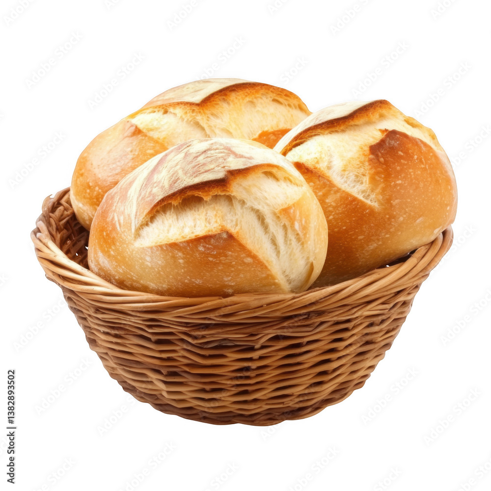 A basket filled with four golden brown crusty rolls sitting on a black background in a studio shot