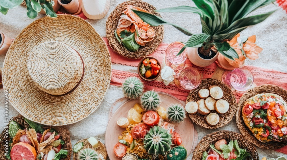 Top-down Mexican-inspired party setting, with a sombrero, mini cacti, and playful accents in warm colors. Top-down Mexican-inspired party setting, with a sombrero, mini cacti, and playful accents in warm colors.
