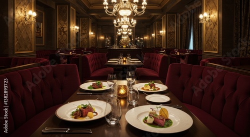 Luxurious Restaurant Interior with Dim Lighting and Gourmet Food