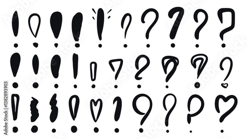 Exclamation and question mark doodle sketch style set. Hand drawn ink question and accent icons. Group of punctuation marks of different variations, vector graphics