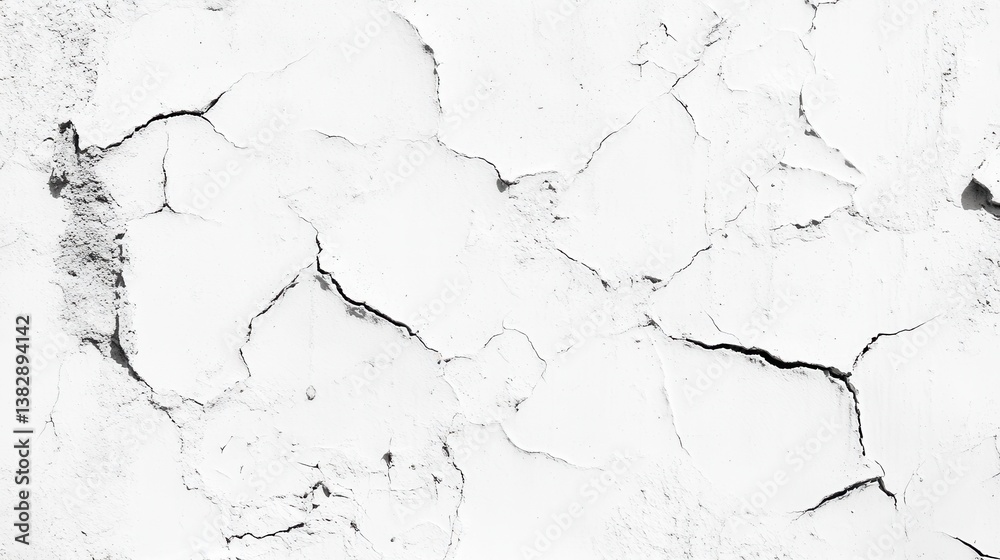 Obraz premium A cracked and damaged white wall texture serves as a rugged, detailed background, showcasing the wear and tear over time.