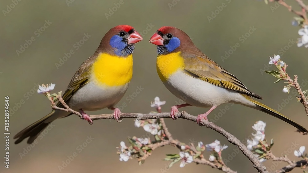 Stunning Gould's Finches Couple on Blooming Branch Stunning Gould's Finches Couple on Blooming Branch
